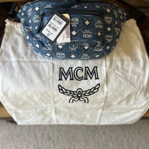 The Fursten Belt Bag in denim jacquard. Front/rear zippers w/Nappa leather trim.